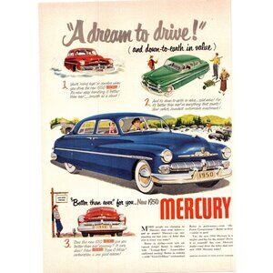 1950 Mercury Eight Sedan Vintage Print Ad Fly Fishing River Dream to Drive 50s
